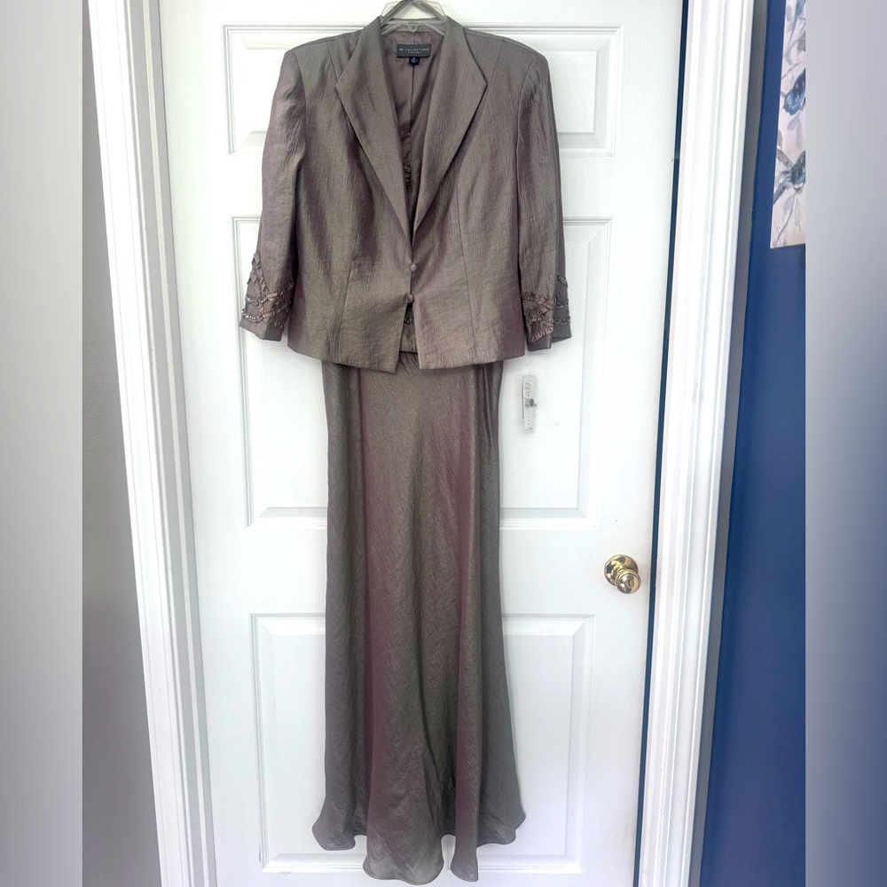 NWT brown taupe silk shantung Evening dress Gown with Jacket Sz 12